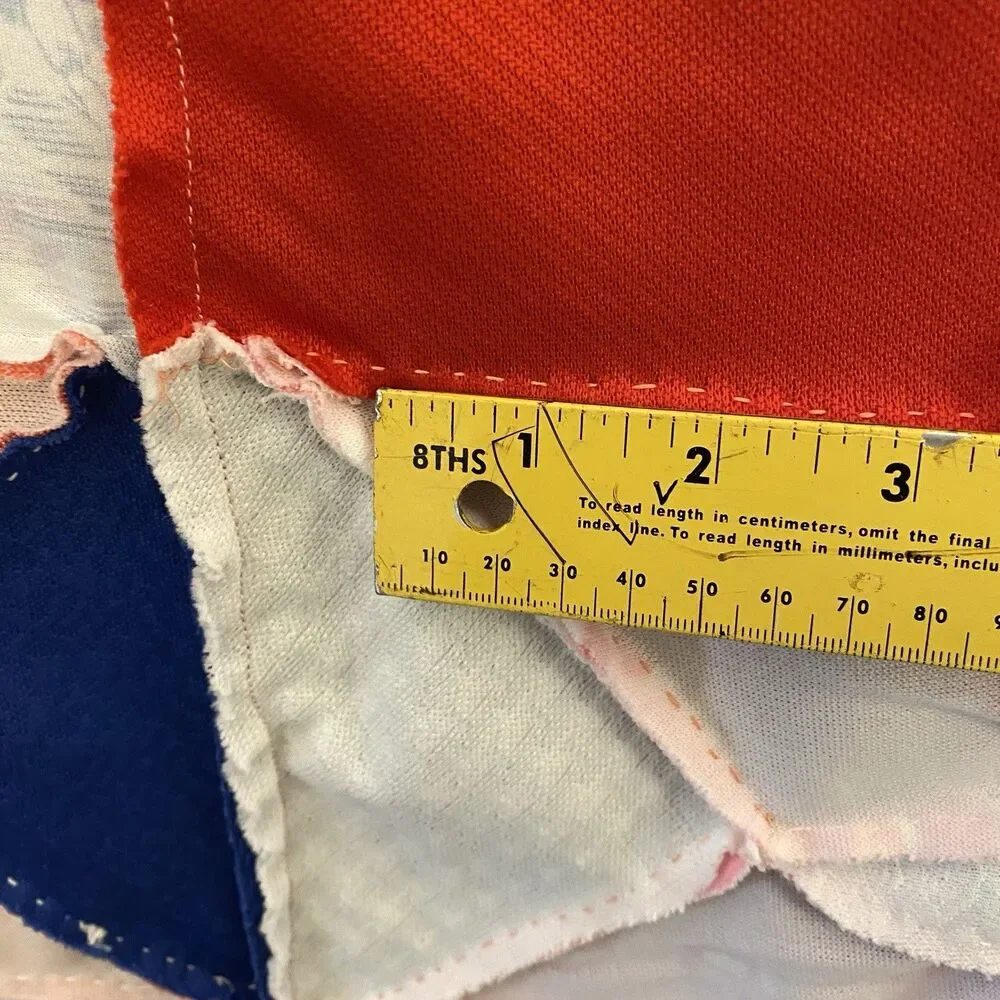 Vtg 70s Polyester Quilt Topper 87x87 - Hand Stitched Star Flower Dahlia Retro